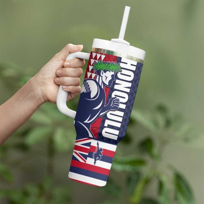 Honolulu Running 2024 Marathon Competition Hula Runner And Kakau Art Tattoo Custom Stanley Quencher 40Oz Stainless Steel Tumbler With Handle - Image 3