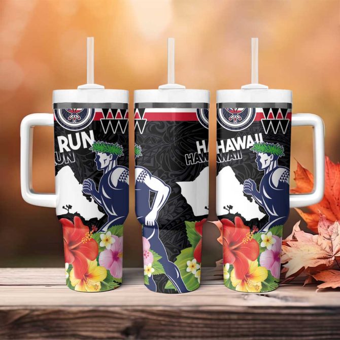 Honolulu Running Race Hawaii Marathon Kakau Art With Hibiscus And National Flag Custom Stanley Quencher 40Oz Stainless Steel Tumbler With Handle - Image 4