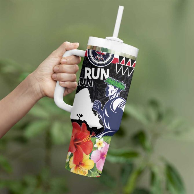 Honolulu Running Race Hawaii Marathon Kakau Art With Hibiscus And National Flag Custom Stanley Quencher 40Oz Stainless Steel Tumbler With Handle - Image 3