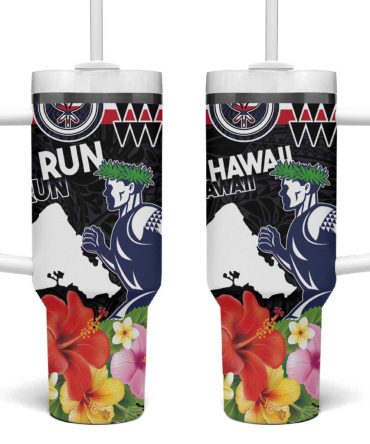 Honolulu Running Race Hawaii Marathon Kakau Art With Hibiscus And National Flag Custom Stanley Quencher 40Oz Stainless Steel Tumbler With Handle