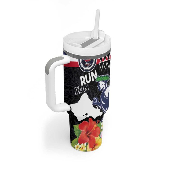 Honolulu Running Race Hawaii Marathon Kakau Art With Hibiscus And National Flag Custom Stanley Quencher 40Oz Stainless Steel Tumbler With Handle - Image 2