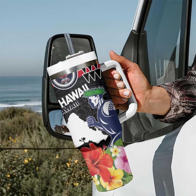 Honolulu Running Race Hawaii Marathon Kakau Art With Hibiscus And National Flag Custom Stanley Quencher 40Oz Stainless Steel Tumbler With Handle - Image 7