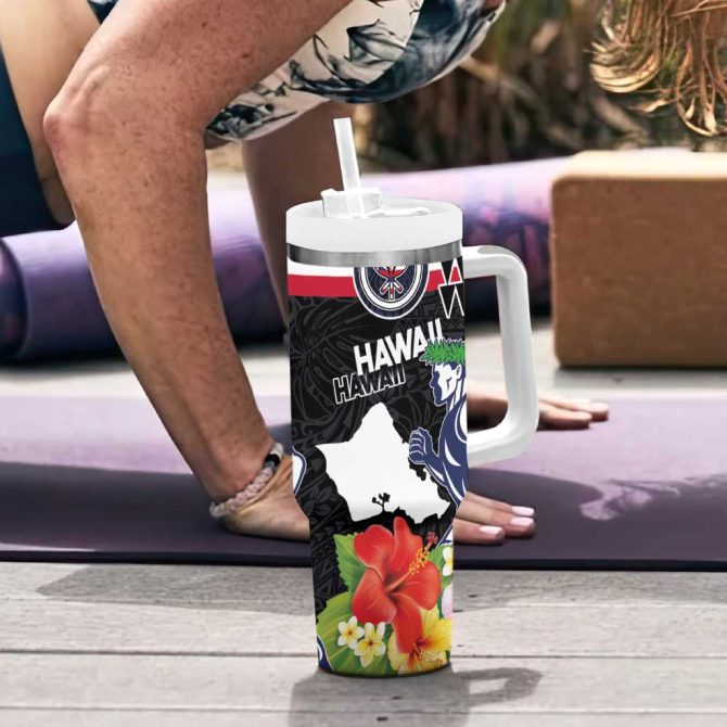 Honolulu Running Race Hawaii Marathon Kakau Art With Hibiscus And National Flag Custom Stanley Quencher 40Oz Stainless Steel Tumbler With Handle - Image 6