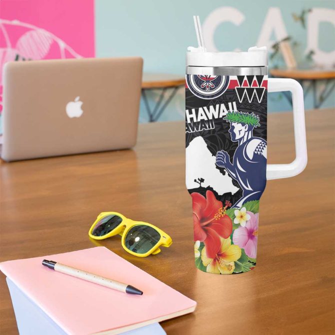 Honolulu Running Race Hawaii Marathon Kakau Art With Hibiscus And National Flag Custom Stanley Quencher 40Oz Stainless Steel Tumbler With Handle - Image 5