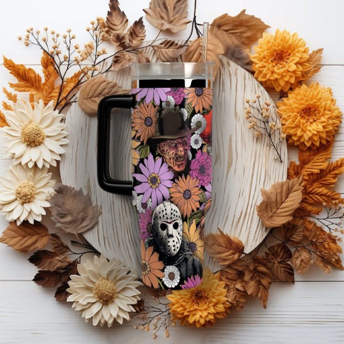 Horror Floral Characters Movies Custom Stanley Quencher 40Oz Stainless Steel Tumbler With Handle - Image 3
