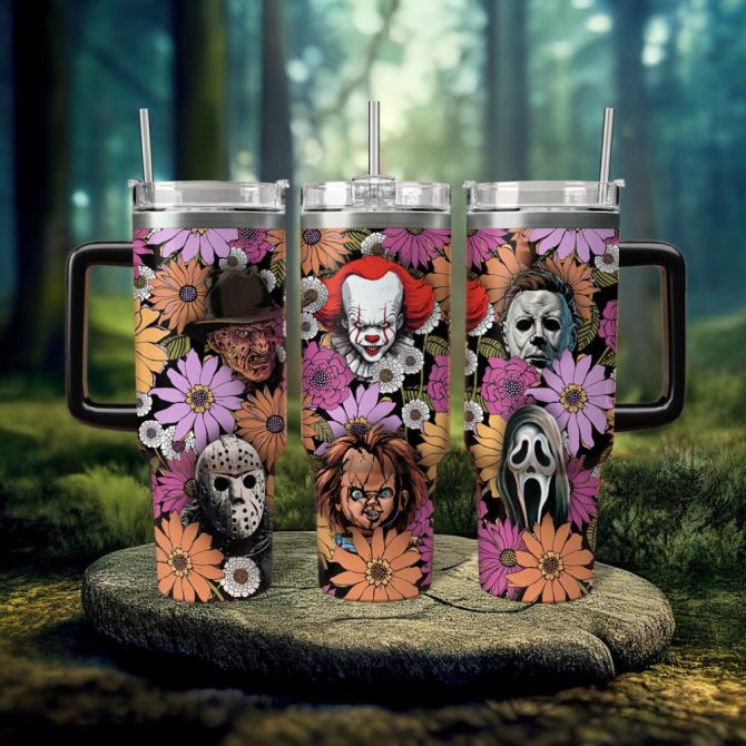 Horror Floral Characters Movies Custom Stanley Quencher 40Oz Stainless Steel Tumbler With Handle - Image 5