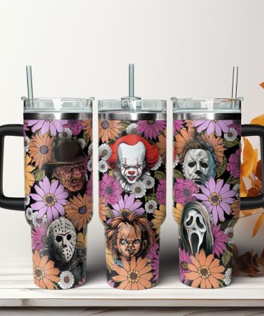 Horror Floral Characters Movies Custom Stanley Quencher 40Oz Stainless Steel Tumbler With Handle