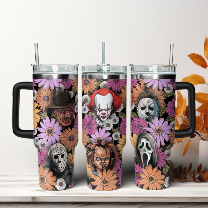 Horror Floral Characters Movies Custom Stanley Quencher 40Oz Stainless Steel Tumbler With Handle