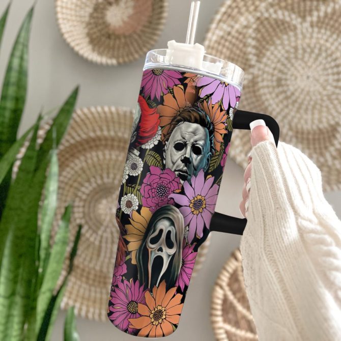 Horror Floral Characters Movies Custom Stanley Quencher 40Oz Stainless Steel Tumbler With Handle - Image 2