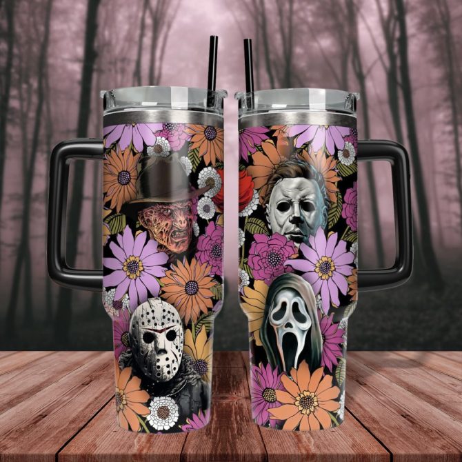 Horror Floral Characters Movies Custom Stanley Quencher 40Oz Stainless Steel Tumbler With Handle - Image 4