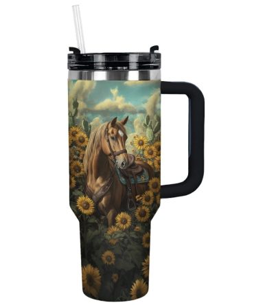Horse And Sunflower Custom Stanley Quencher 40Oz Stainless Steel Tumbler With Handle
