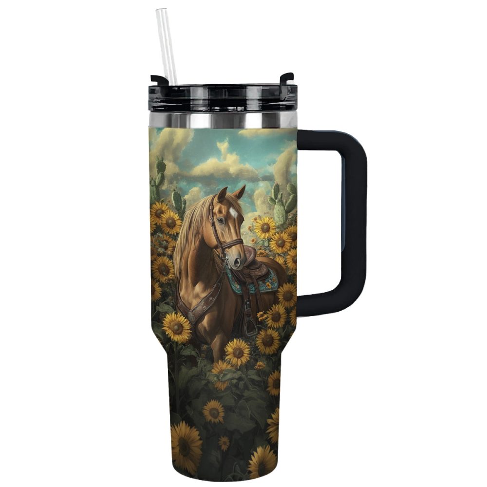 Horse And Sunflower Custom Stanley Quencher 40Oz Stainless Steel Tumbler With Handle