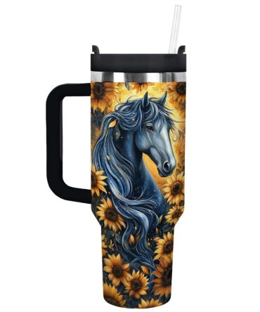 Horse And Sunflower Custom Stanley Quencher 40Oz Stainless Steel Tumbler With Handle