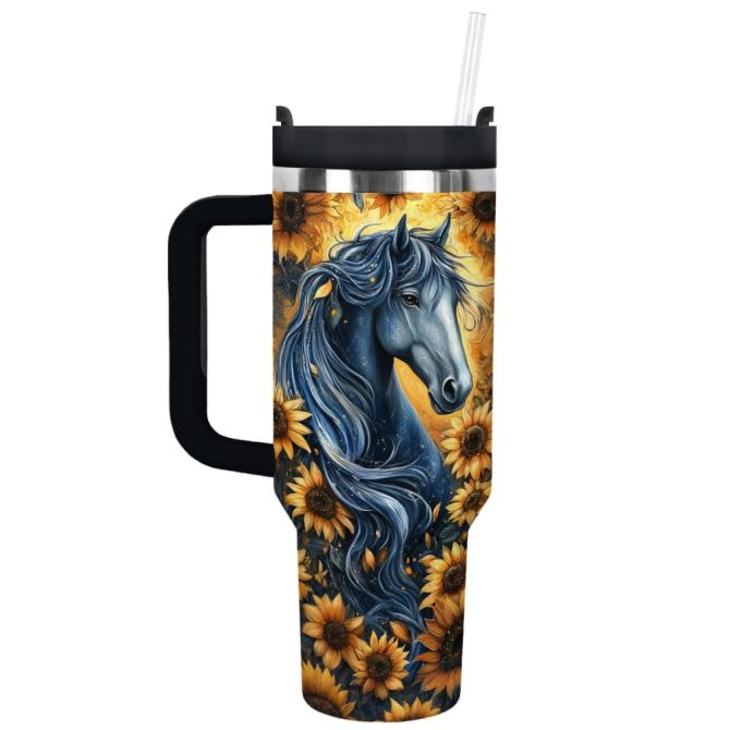 Horse And Sunflower Custom Stanley Quencher 40Oz Stainless Steel Tumbler With Handle
