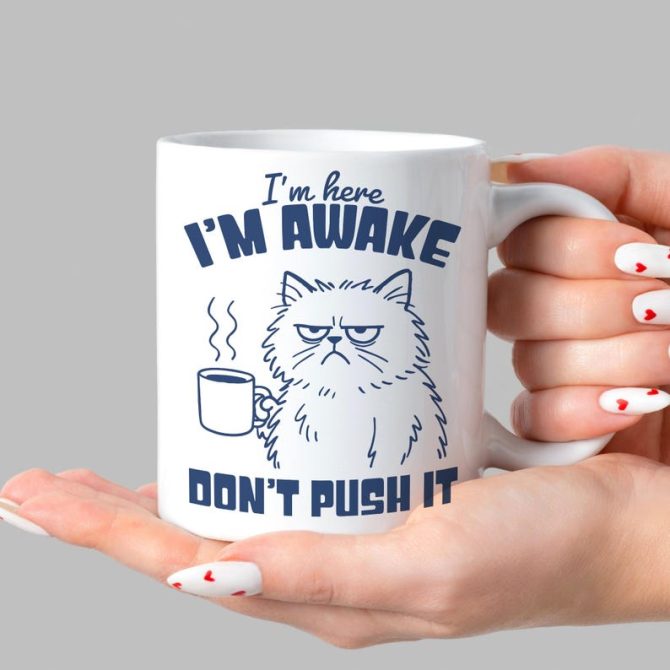 Grumpy Cat Mug, Funny I'm Here, I'm Awake, Don't Push It Coffee Cup - Image 4