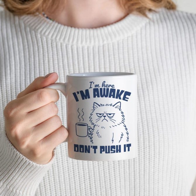 Grumpy Cat Mug, Funny I'm Here, I'm Awake, Don't Push It Coffee Cup - Image 2