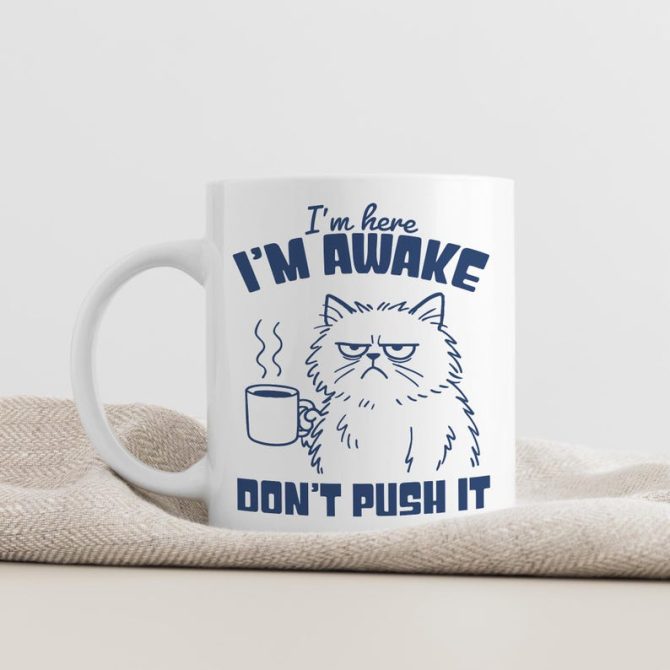 Grumpy Cat Mug, Funny I'm Here, I'm Awake, Don't Push It Coffee Cup - Image 5