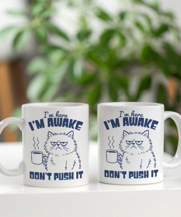 Grumpy Cat Mug, Funny I'm Here, I'm Awake, Don't Push It Coffee Cup