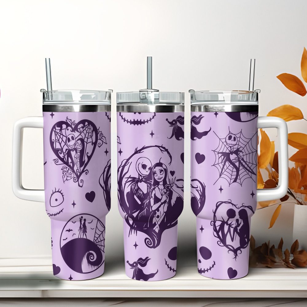 Jack And Sally The Nightmare Before Christmas Cartoon Custom Stanley Quencher 40Oz Stainless Steel Tumbler With Handle