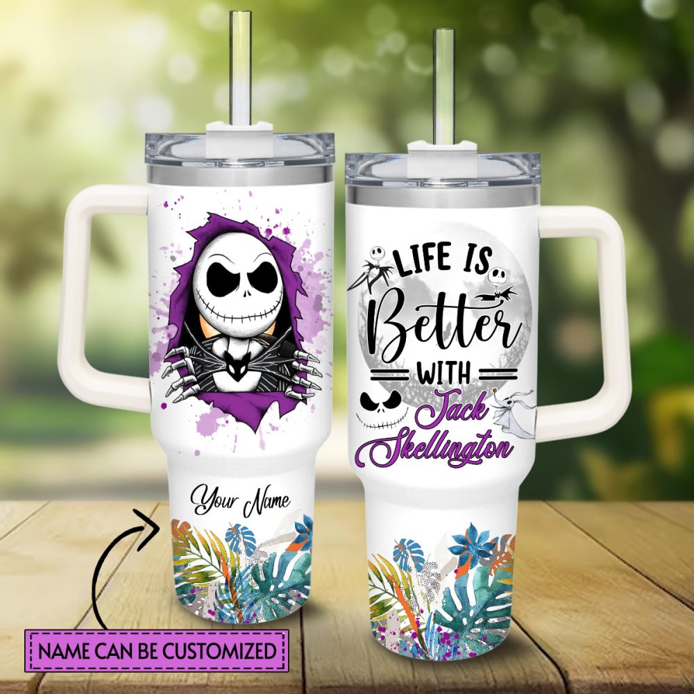 Jack And Sally The Nightmare Before Christmas Cartoon Custom Stanley Quencher 40Oz Stainless Steel Tumbler With Handle