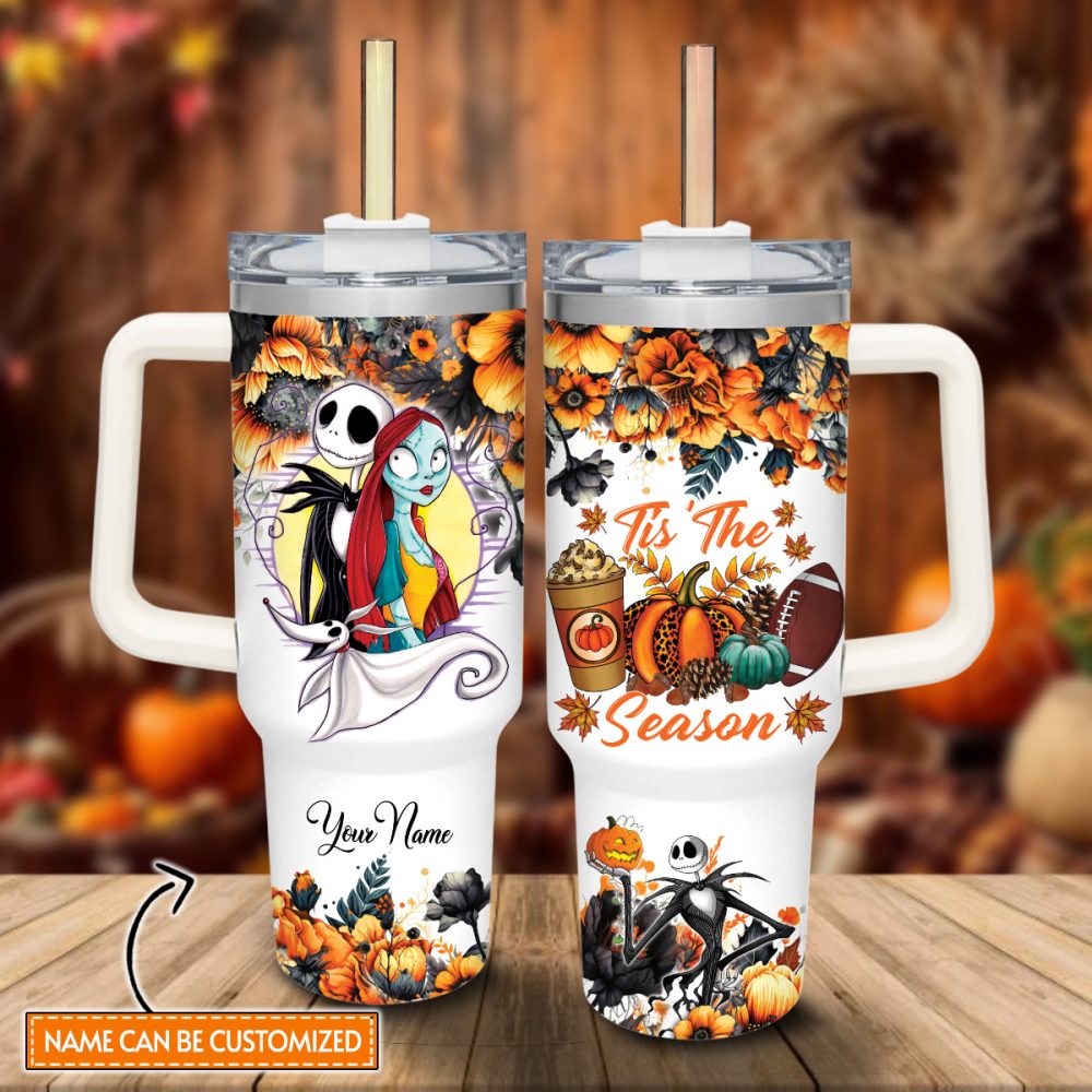 Jack And Sally The Nightmare Before Christmas Cartoon Custom Stanley Quencher 40Oz Stainless Steel Tumbler With Handle