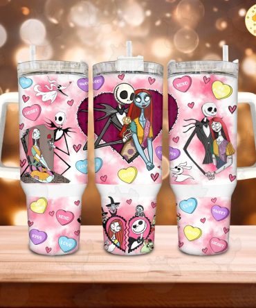 Jack And Sally The Nightmare Before Christmas Cartoon Custom Stanley Quencher 40Oz Stainless Steel Tumbler With Handle
