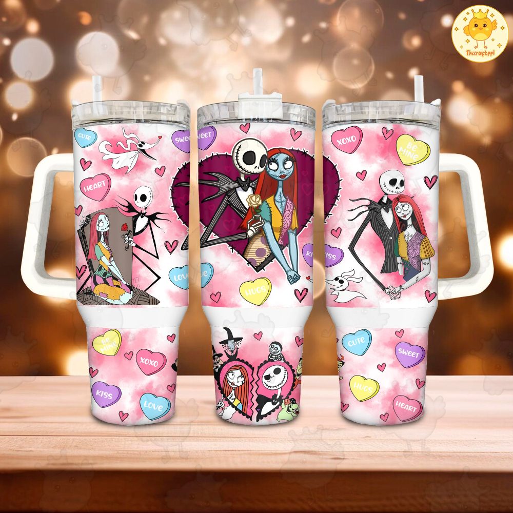 Jack And Sally The Nightmare Before Christmas Cartoon Custom Stanley Quencher 40Oz Stainless Steel Tumbler With Handle