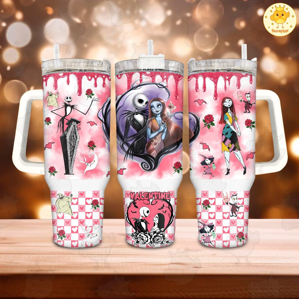 Jack And Sally The Nightmare Before Christmas Cartoon Custom Stanley Quencher 40Oz Stainless Steel Tumbler With Handle