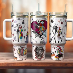 Jack And Sally The Nightmare Before Christmas Cartoon Custom Stanley Quencher 40Oz Stainless Steel Tumbler With Handle