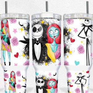 Jack And Sally The Nightmare Before Christmas Cartoon Custom Stanley Quencher 40Oz Stainless Steel Tumbler With Handle