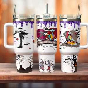 Jack And Sally The Nightmare Before Christmas Cartoon Custom Stanley Quencher 40Oz Stainless Steel Tumbler With Handle