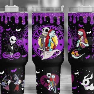 Jack And Sally The Nightmare Before Christmas Cartoon Custom Stanley Quencher 40Oz Stainless Steel Tumbler With Handle