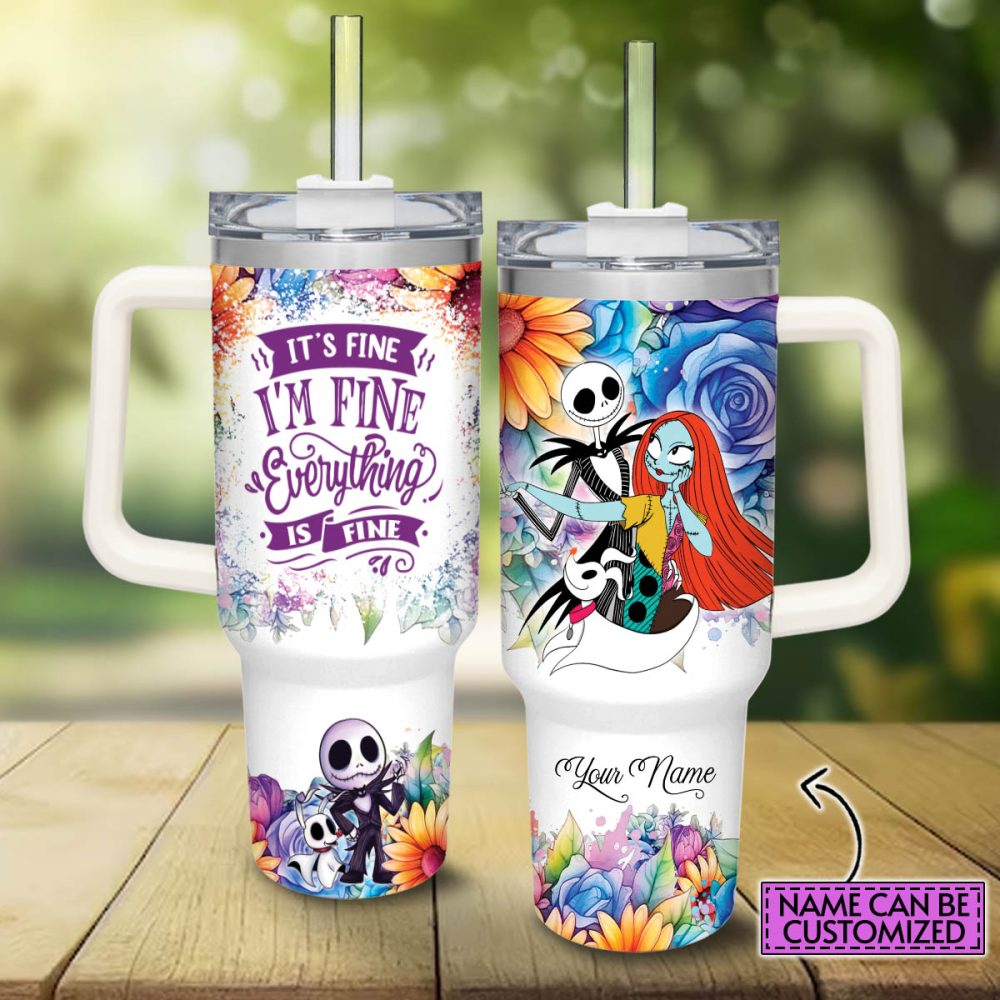 Jack And Sally The Nightmare Before Christmas Cartoon Custom Stanley Quencher 40Oz Stainless Steel Tumbler With Handle