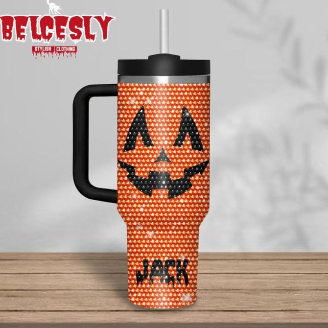 Jack Oâ€™ Lantern Halloween Rhinestone Custom Stanley Quencher 40Oz Stainless Steel Tumbler With Handle - Image 3