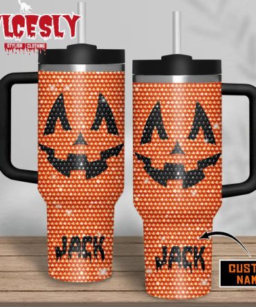 Jack Oâ€™ Lantern Halloween Rhinestone Custom Stanley Quencher 40Oz Stainless Steel Tumbler With Handle