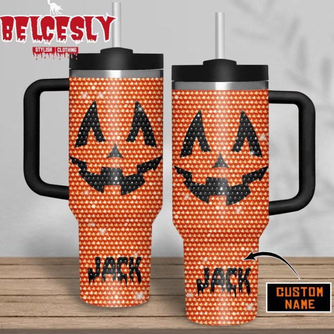 Jack Oâ€™ Lantern Halloween Rhinestone Custom Stanley Quencher 40Oz Stainless Steel Tumbler With Handle