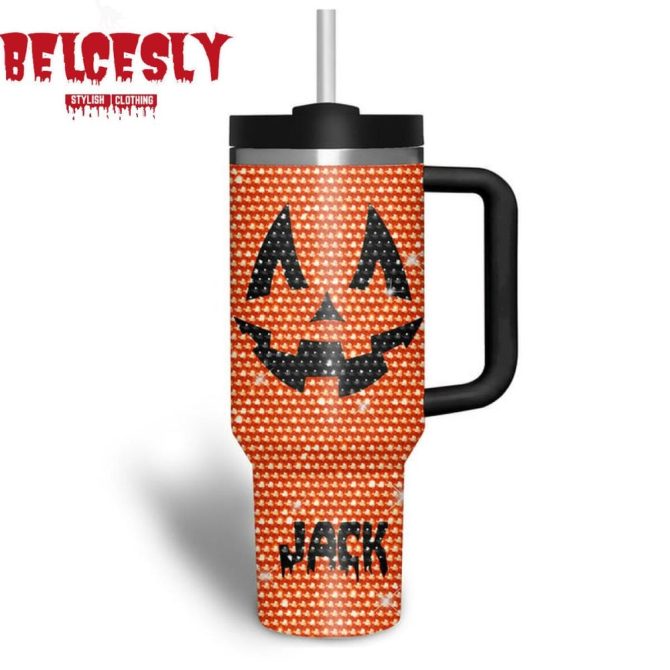 Jack Oâ€™ Lantern Halloween Rhinestone Custom Stanley Quencher 40Oz Stainless Steel Tumbler With Handle - Image 2