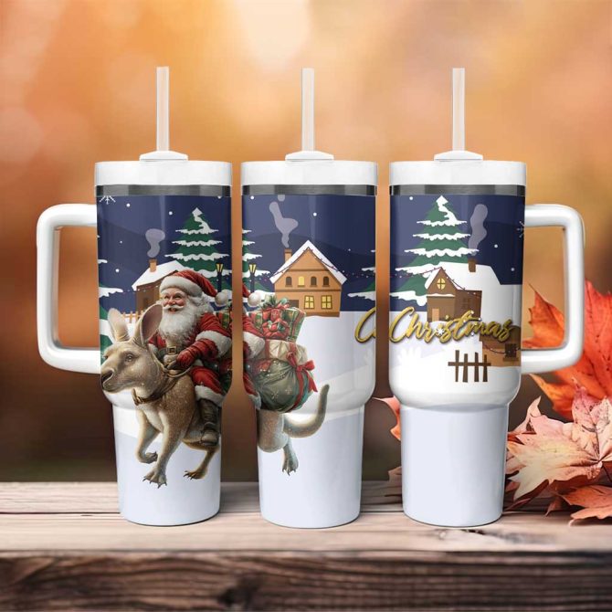 Kangaroo Australia Christmas Xmas Pattern Custom Stanley Quencher 40Oz Stainless Steel Tumbler With Handle