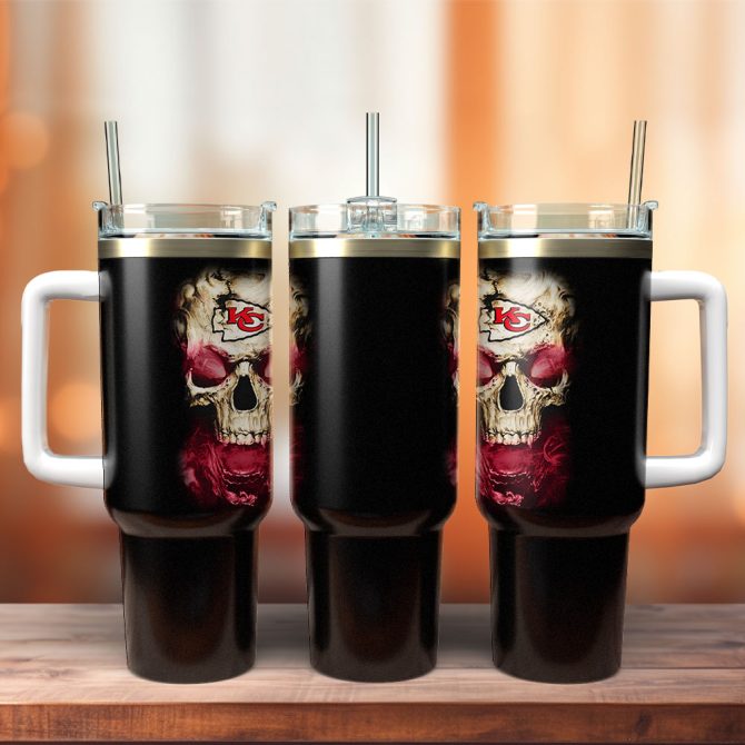 Kansas City Chiefs Nfl Sports X Skull Custom Stanley Quencher 40Oz Stainless Steel Tumbler With Handle