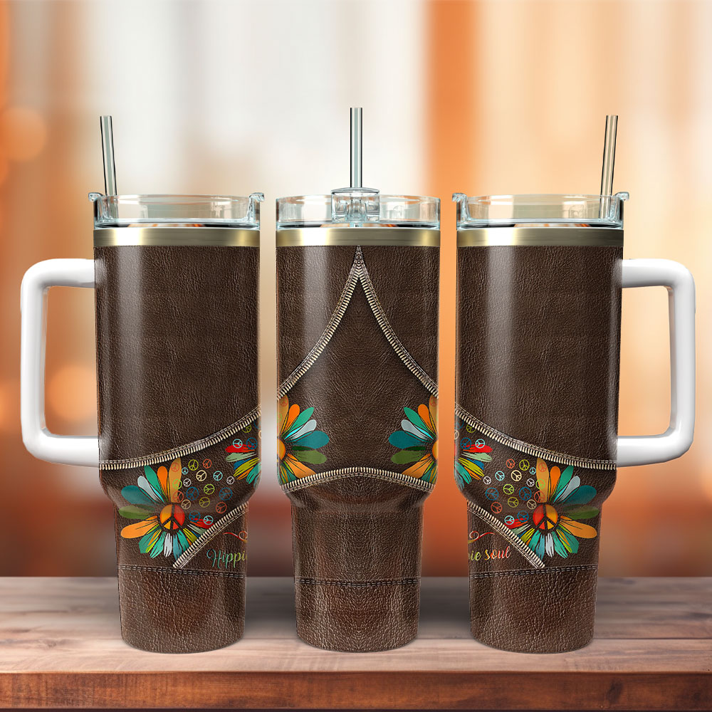 Leather Flower Colorful Custom Stanley Quencher 40Oz Stainless Steel Tumbler With Handle