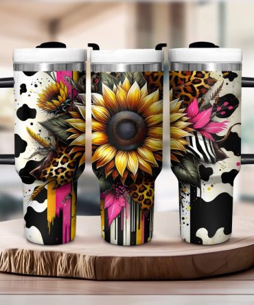 Leopard Sunflower Custom Stanley Quencher 40Oz Stainless Steel Tumbler With Handle