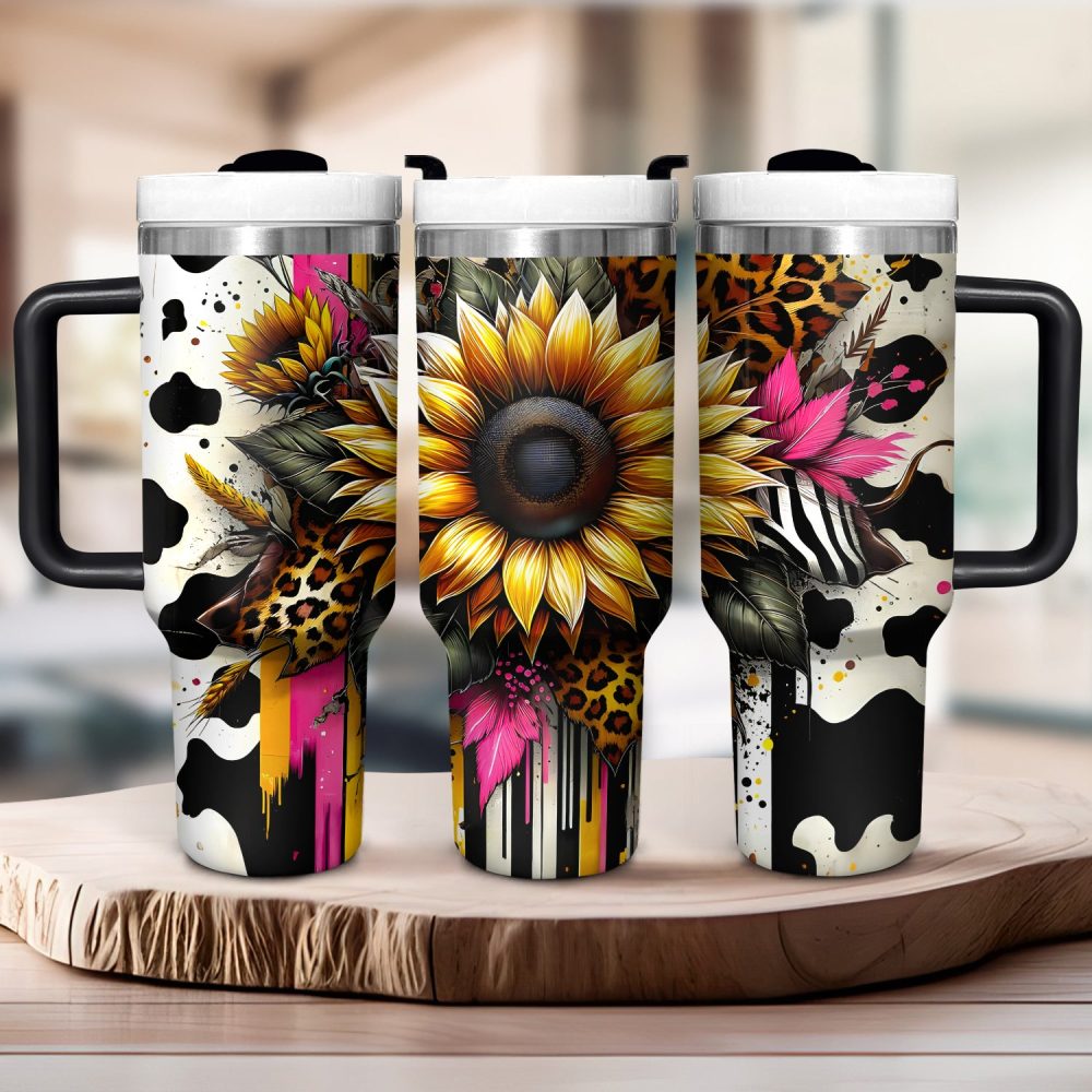 Leopard Sunflower Custom Stanley Quencher 40Oz Stainless Steel Tumbler With Handle