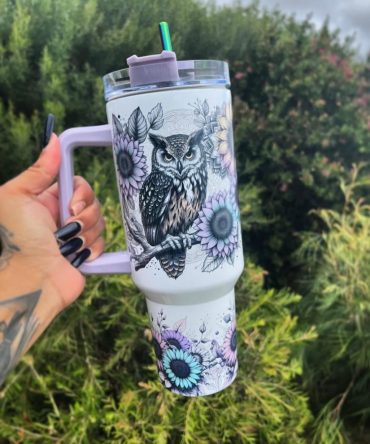 Lilac Owl Flower Custom Stanley Quencher 40Oz Stainless Steel Tumbler With Handle