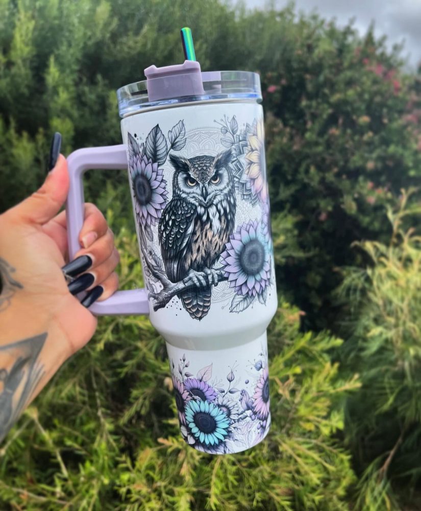 Lilac Owl Flower Custom Stanley Quencher 40Oz Stainless Steel Tumbler With Handle