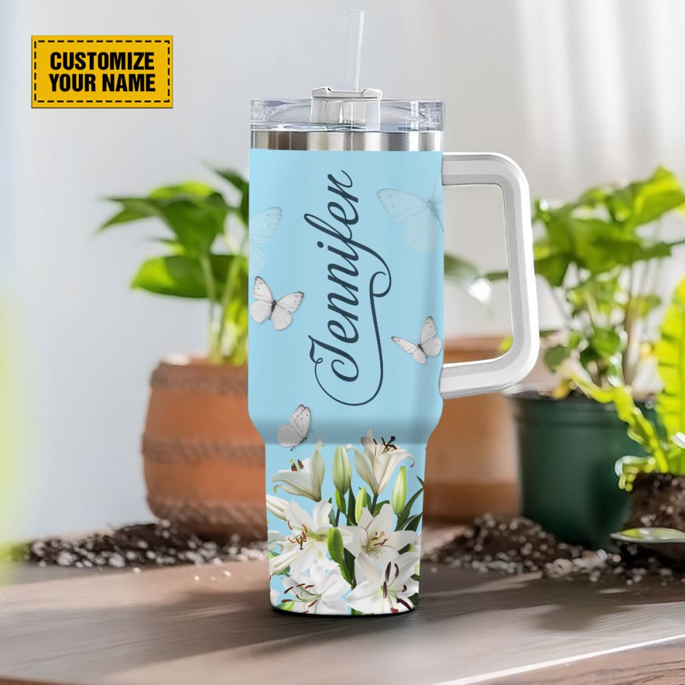 Lily Butterfly God Custom Stanley Quencher 40Oz Stainless Steel Tumbler With Handle - Image 3