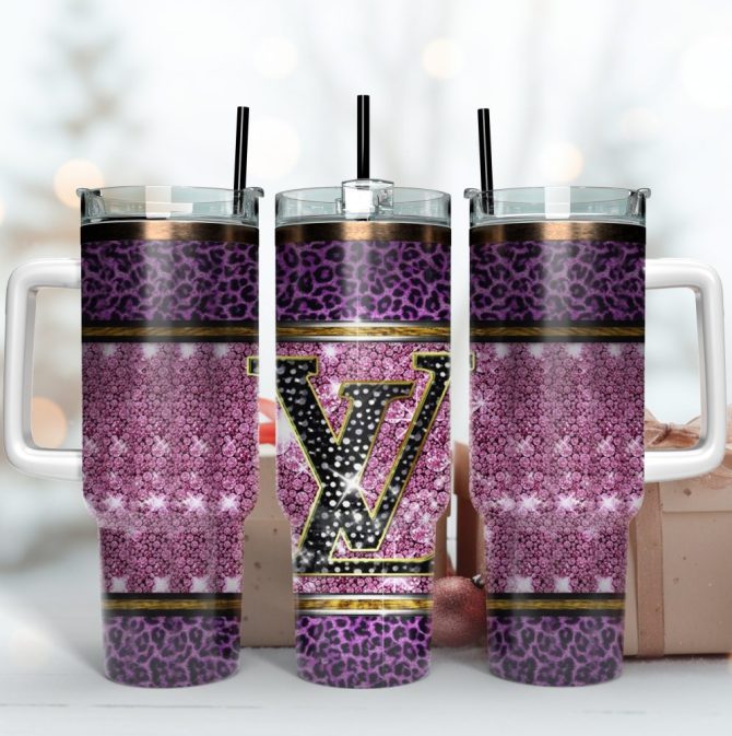 Louis Vuitton Glitter Lv Logo Custom Stanley Quencher 40Oz Stainless Steel Tumbler With Handle