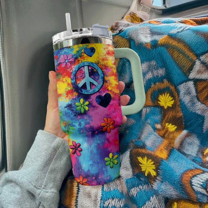 Love And Peace Custom Stanley Quencher 40Oz Stainless Steel Tumbler With Handle - Image 2