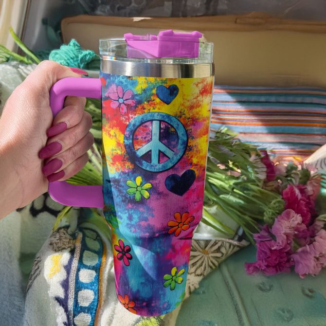 Love And Peace Custom Stanley Quencher 40Oz Stainless Steel Tumbler With Handle - Image 3