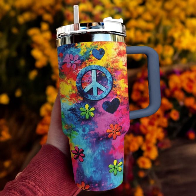 Love And Peace Custom Stanley Quencher 40Oz Stainless Steel Tumbler With Handle - Image 4