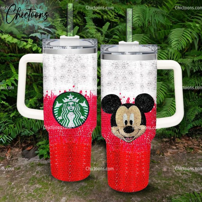 Luxe Rhinestone Bling Mickey Mouse Cartoon Custom Stanley Quencher 40Oz Stainless Steel Tumbler